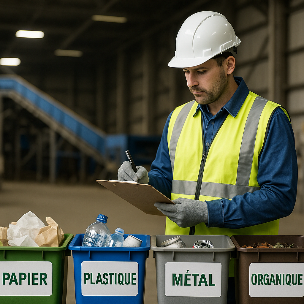 Auditeur inspectant les bacs PAPIER, PLASTIQUE, MÉTAL et ORGANIQUE lors d’un audit des déchets